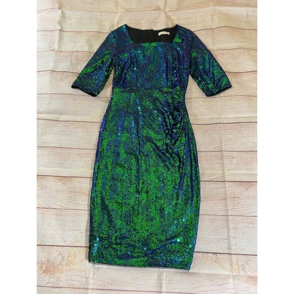 Belle Pogue Women's Green Sequin Short Sleeve Midi Cocktail Dress - Medium - Picture 4 of 12